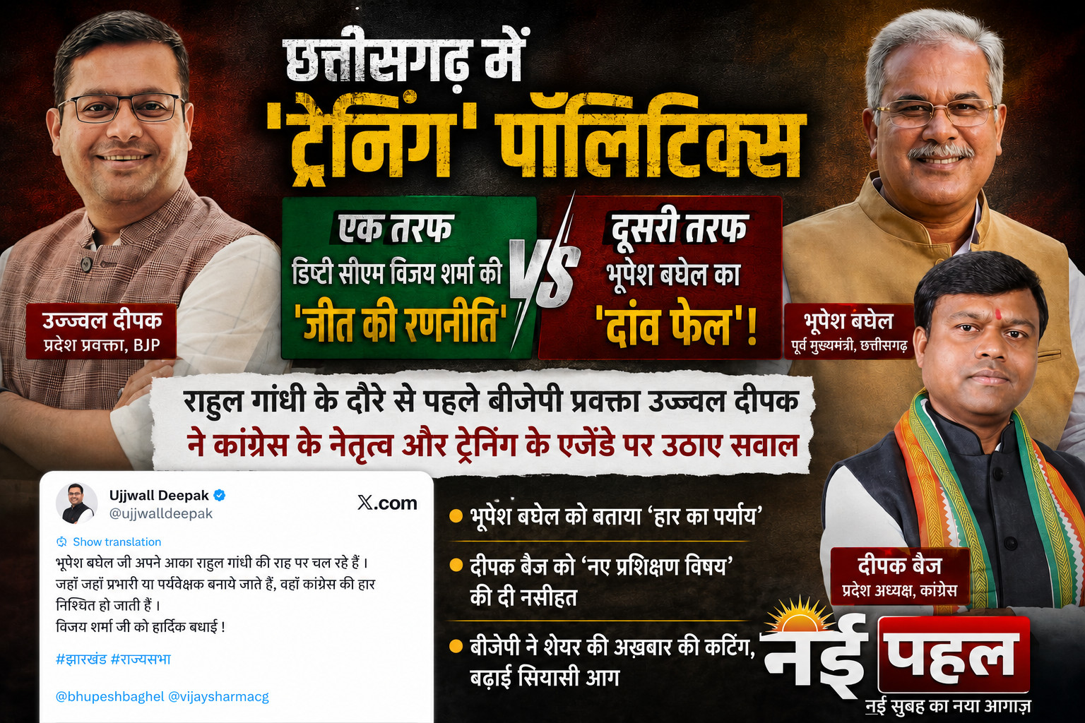 सियासी बयानबाजी : दीपक बैज जी, ट्रेनिंग कैंप में यह ‘खास विषय’ भी जोड़ लीजिए ! कांग्रेस जिलाध्यक्षों के शिविर पर बीजेपी प्रवक्ता उज्ज्वल दीपक का करारा तंज