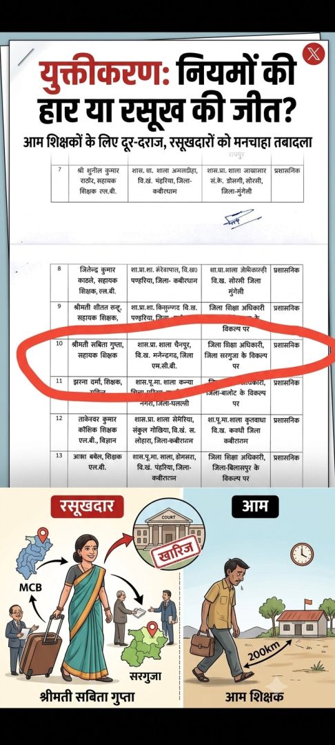 ‘युक्तीकरण’ का सच या रसूख का खेल ? आम शिक्षकों पर नियमों का चाबुक, रसूखदारों के लिए लाल कालीन: छत्तीसगढ़ स्कूल शिक्षा विभाग में जारी ‘सुविधाजनक’ तबादलों पर उठे गंभीर सवाल