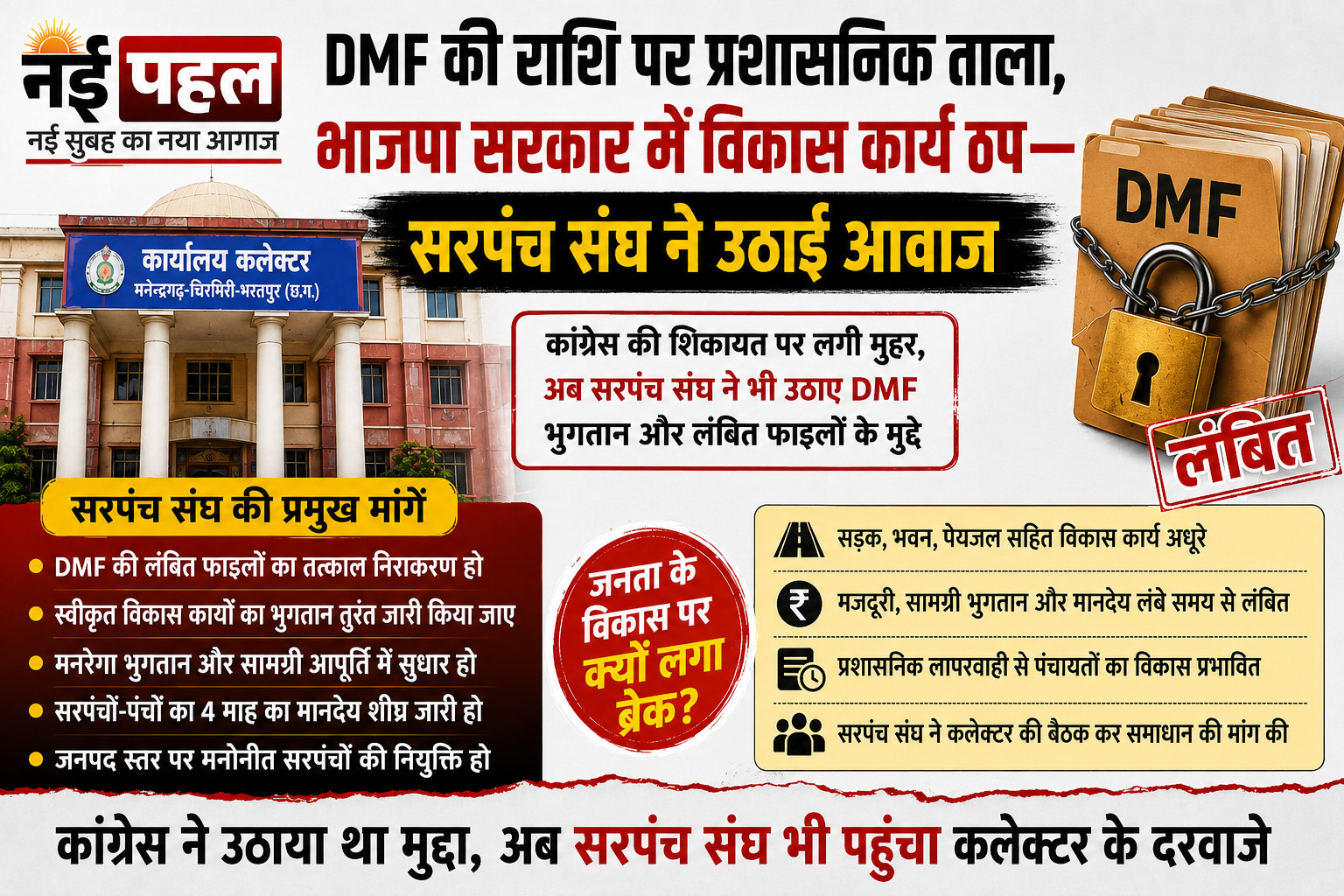 DMF की राशि पर प्रशासनिक ताला, भाजपा सरकार में विकास कार्य ठप, सरपंच संघ ने उठाई आवाज