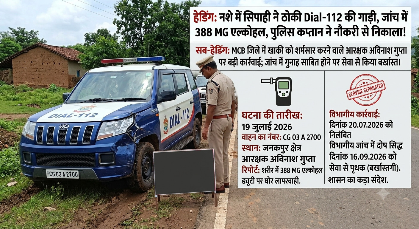 नशे में टल्ली सिपाही ने ठोकी डॉयल 112 की गाड़ी, जांच में निकला 388 MG एल्कोहल, पुलिस कप्तान ने नौकरी से निकाला !